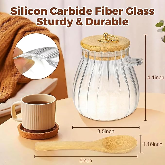 Sugar Container with Bamboo Lid and Spoon,15 oz Sugar Bowl Glass Jar | Coffee Bar Accessories Coffee Canister Kitchen Decor Housewarming Gift Christmas Refillable Design - Image 3