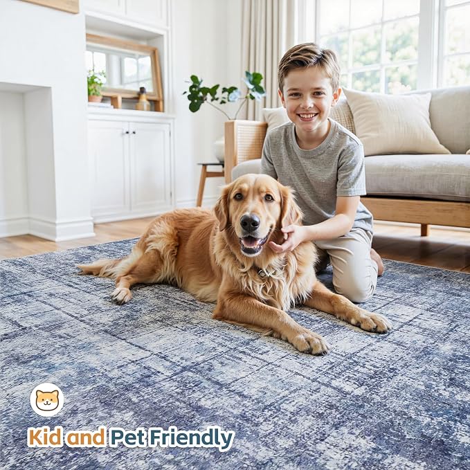 9x12 Washable Area Rug for Living Room Bedroom: Non-Slip Modern Navy Blue | Machine Washable TPR Backing, Stain-Resistant Low Pile, Pet & Kid Friendly, Abstract Decor for Dining Room, Dorm, Home Office - Image 6