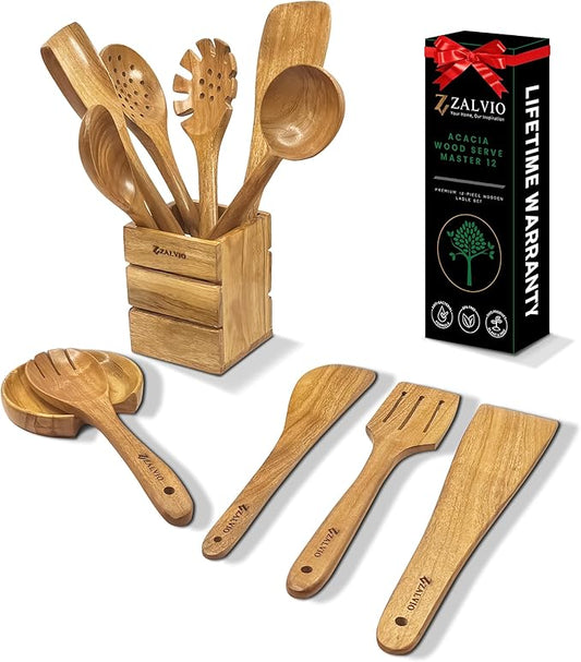 Zalvio 12-Piece Acacia Wood Kitchen Utensil Set – Wooden Spoons with Holder & Spoon Rest | Handmade Cooking Tools in Premium Gift Packaging