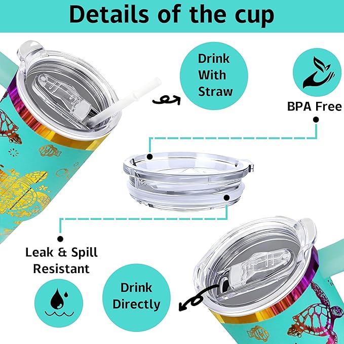 40 oz Sea Turtles Laser Engraving Tumbler With Handle With Lid Straw Double Insulated Travel Coffee Cup Sea Turtles Travel Accessories Must Have Gifts For Women