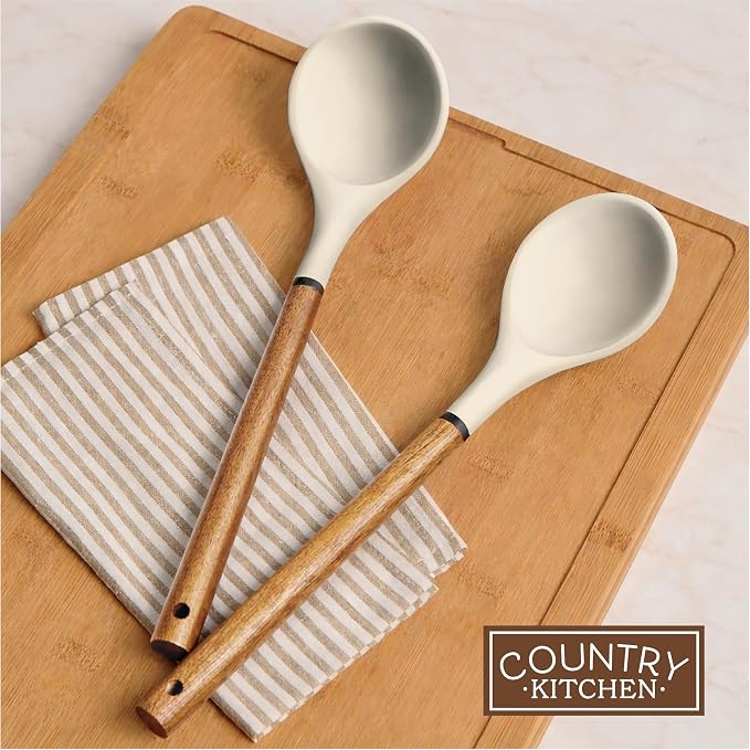 Country Kitchen Non Stick Silicone Utensil Set with Rounded Wood Handles for Cooking and Baking, 8 Piece Set, Khaki - Image 7