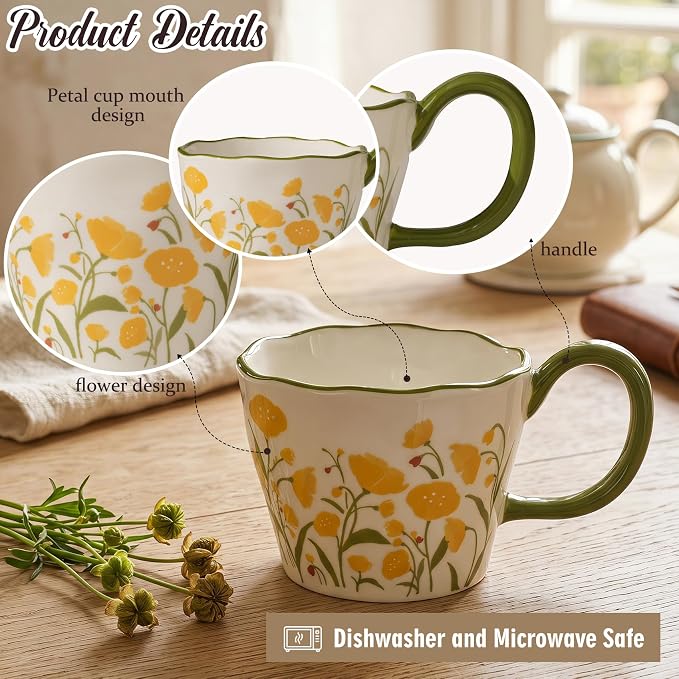 Cute Floral Coffee Mug Set of 4-12oz Ceramic Flower Embossed Cups with Petal Handles, Dishwasher and Microwave Safe - Image 4