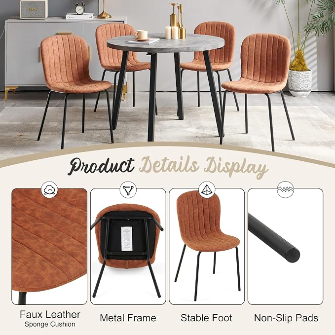 5-Pieces 37.4" Round Dining Table Set for 4,Mid Century Modern Small Coffee Table, Engineered Wood Table and Chairs Set of 4 for Kitchen, Dining Room, Office(1 Table+4 Brown PU Leather Chairs) - Image 8