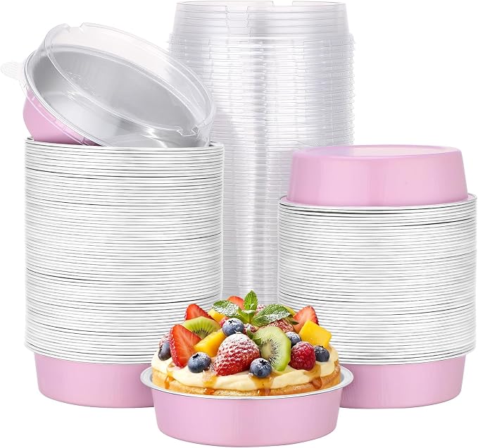 Beasea 7.3oz Mini Pie Pans with Lids, 120 Pack 4 Inch Disposable Creme Brulee Ramekins Small Aluminum Foil Pie Tart Cake Baking Tin Pans Cheesecake Containers for Party - Pastel Pink by Beasea