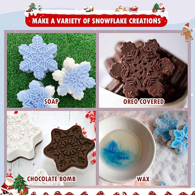 HKNMTT Snowflake Christmas Silicone Mold 12 Cavity 6 Shapes for Holiday Soap Chocolate Cocoa Bomb Ice Candy Oreo Covered Jello Xmas Winter Wax, Oven Safe Baking Frozen Moulds DIY Candle Craft Set