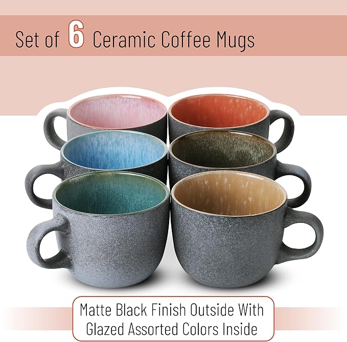 BTaT- Porcelain Coffee Mugs Set, 14 oz (415 ml), 6 Pack, Ceramic Coffee Mugs, Matte Black Outside and Colorful Inside, Restaurant Cups for Tea, Cappuccino, Cocoa, Cereal, Mug Gift Set, Dishwasher Safe - Image 2