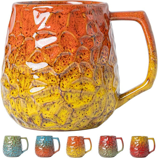 18oz Unique Orange & Yellow Kiln-Change Ceramic Coffee Mug, Handcrafted Hammered Texture Ceramic Mug with Ergonomic Handle, Microwave & Dishwasher Safe, Gift for Coffee Lovers, Home Office Daily Use by XIYUANJI