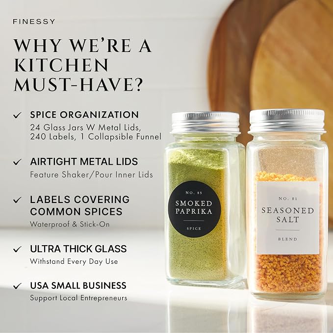 FINESSY Thick Glass Spice Jars With Labels, Airtight Metal Lids 4oz 24 Pack | Empty Spice Jars With Sift / Pour Shaker Inserts, Airtight Lids, Waterproof Labels (200 Pre-Printed, 40 Blank) And Funnel - Image 2