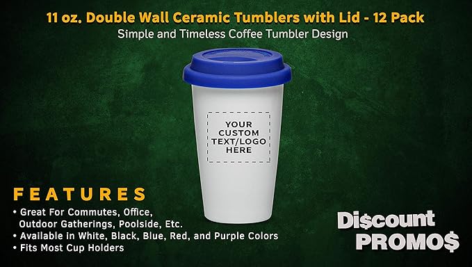 Personalized 11 oz. Double Wall Ceramic Tumblers with Lid - 12 Pack - Custom Text, Logo - Blue