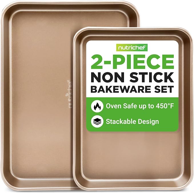 NutriChef 2-Piece Nonstick Stackable Cookie Sheet Set – Non-Toxic Carbon Steel Baking Pans – Heavy Duty, Warp-Resistant, Easy to Clean, Oven & Dishwasher Safe Bakeware by NutriChef%E2%84%A2Kitchen