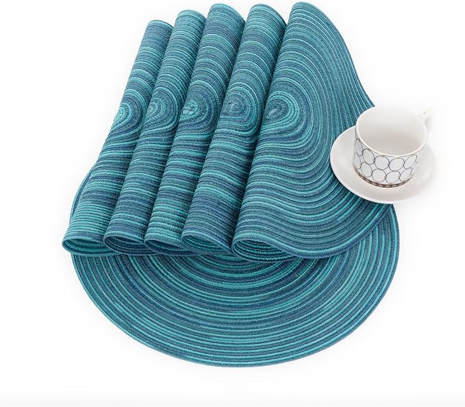 SHACOS 15 inch Round Placemats Set of 4 Variegated Multicolor Place Mats Cotton Polyester Braided Non Slip Washable Heat Resistant Table Mats for Home Wedding Dinner Party Table Decor, Rainbow Teal - Image 6