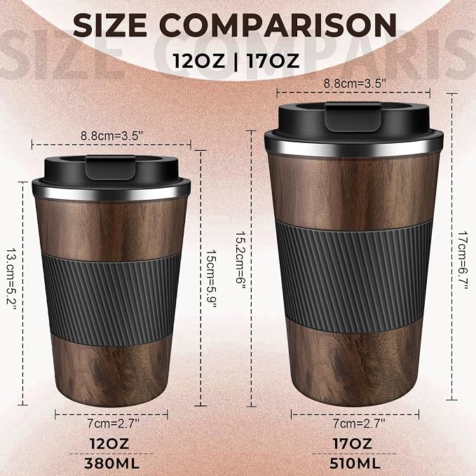 Insulated Coffee Tumbler 12 oz, Stainless Steel Coffee Mug with Lids, Travel Coffee Mug Leak Proof, Double Wall Vacuum Insulated Reusable Coffee Cup, Keep Drinks Hot and Cold (Wood, 12 Ounces) - Image 2