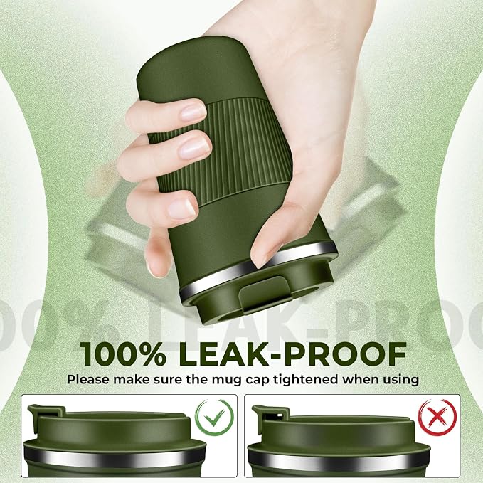 Insulated Coffee Tumbler 17 oz, Stainless Steel Coffee Mug with Lids, Travel Coffee Mug Leak Proof, Double Wall Vacuum Insulated Reusable Coffee Cup, Keep Drinks Hot and Cold, Military Green, 17 Ounce - Image 3