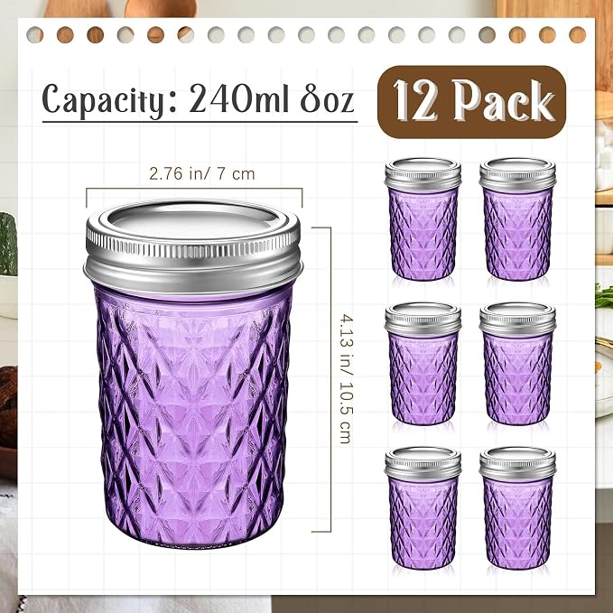 Zhehao 12 Pack 8 oz Colored Mason Jars with Lids, Mini Regular Mouth Canning Jelly Honey Jars for Wedding Shower Favors DIY Candle Holding Spice Jam Fruit Smoothie Salad Dressing Ketchup (Purple) - Image 2