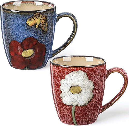 Maxdot 2 Pcs 12oz Ceramic Coffee Mugs Sets Glazing Process Cappuccino Mug Floral Ceramic Tea Cups Idea Gift Set for Women Porcelain Cup for Coffee, Cocoa, Tea, Latte (Retro) (Rustic) by Maxdot