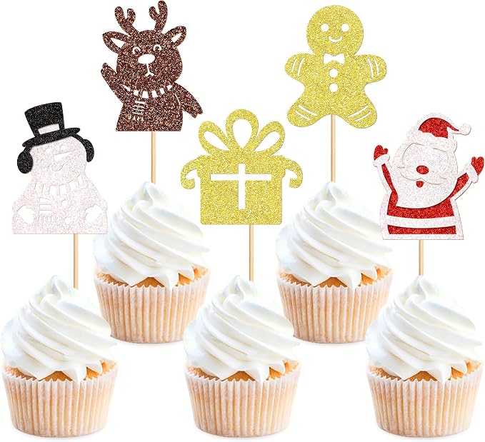 24 Pack Christmas Cupcake Toppers Gingerbread Man Santa Claus Snowman Cupcake Picks Christmas Eve Party Baby Shower Birthday Party Cake Decorations Supplies by Cyodoos