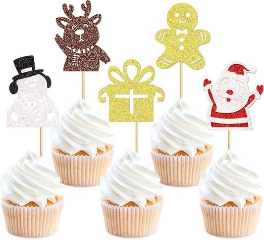 24 Pack Christmas Cupcake Toppers Gingerbread Man Santa Claus Snowman Cupcake Picks Christmas Eve Party Baby Shower Birthday Party Cake Decorations Supplies by Cyodoos