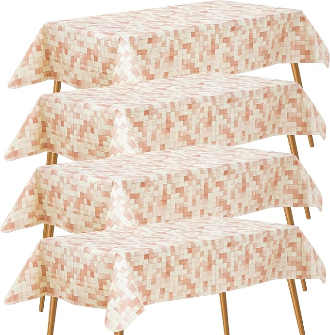 FIFTY FEET 84X60 Inch Rectangle Tablecloth, Vinyl Tablecloth with Flannel Backing Waterproof Table Cloth, Spill Proof Picnic Table Cover for Outdoor/Indoor/Camping/Dining(Beige Plaid) - 4 Packs by FIFTYFEET