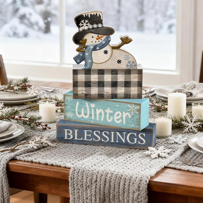 Moucuny 4 Pcs Winter Table Decorations Playful Snowman Decor Indoor Winter Tiered Tray Decor Rustic Wooden Decorative Snowman Block Sign Gift Snowflake Centerpiece Farmhouse for Home Kitchen - Image 4