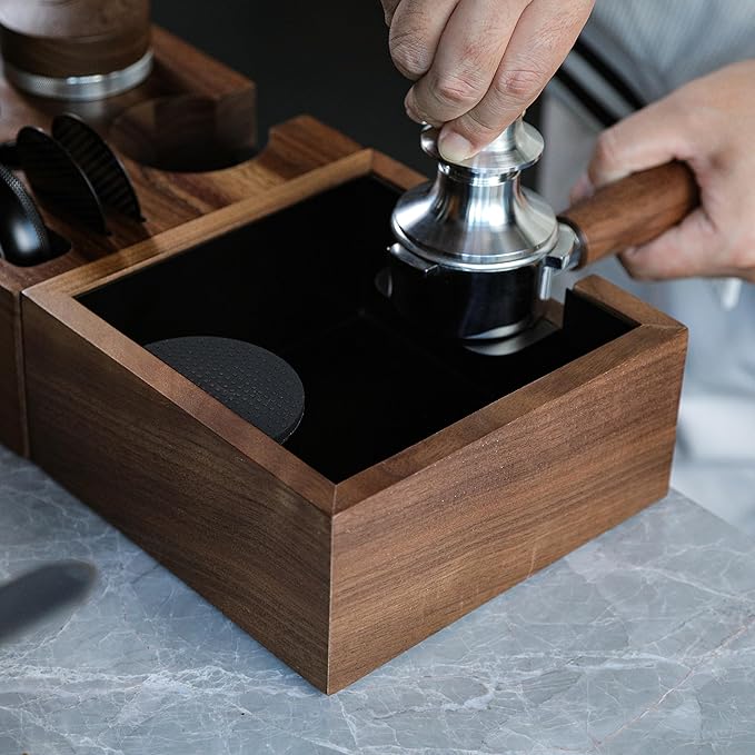 58mm Espresso Tamping Kit Walnut Tamper Station and Knock Box for Coffee Grounds Disposal and Tool Organization