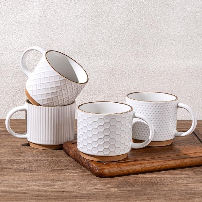 GBhome 15 OZ Stackable Coffee Mugs Set of 4, Ceramic Coffee Cups Set | 4 Assorted Designs, Embossed Mugs with Texture Patterns for Tea/Coffee, Dishwasher&Microwave Safe, Off White by GBhome