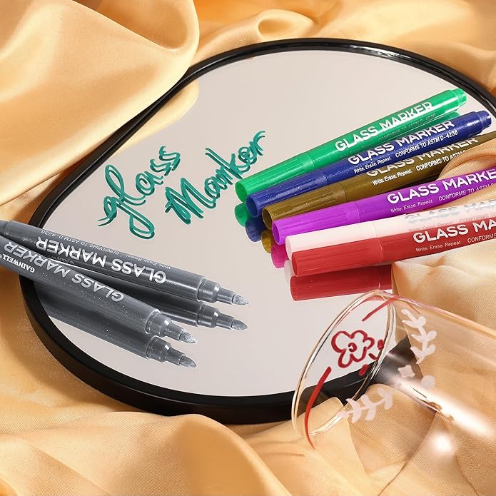 GAINWELL Metallic Wine Glass Markers 8Pcs, Non-Toxic, Food-Safe, Dishwasher-Safe, Wine Glass Marker Pens for Ceramic Plates, Parties & Weddings
