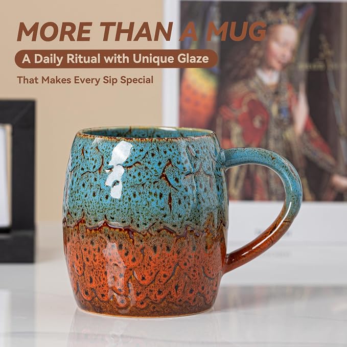 Handmade 22oz Ceramic Coffee Mug, Ergonomic Large Handle, Ideal Gift for Coffee Lovers, Microwave & Dishwasher Safe (Bas-Relief - Blue&Orange) - Image 6