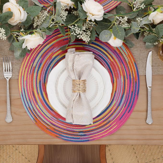 SHACOS 15 inch Round Placemats Set of 6 Variegated Multicolor Place Mats Cotton Polyester Braided Non Slip Washable Heat Resistant Table Mats for Home Wedding Dinner Party Table Decor, Rainbow Pink - Image 4