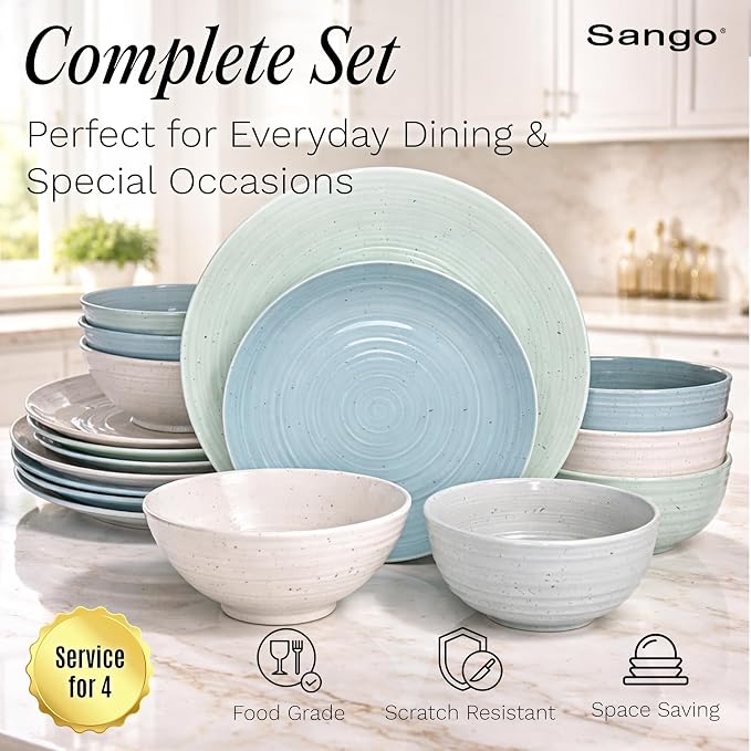 Sango Siterra Artist's Blend 16-Piece Stoneware Dinnerware Set for 4, Green, Cream & White Glossy Dishes with Speckles, Ceramic Plates and Bowls Sets for Everyday Dining, Microwave & Dishwasher Safe - Image 2