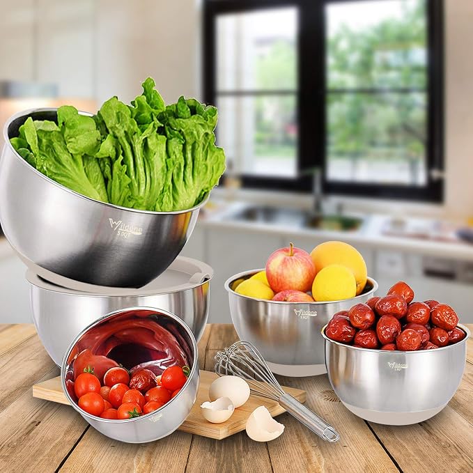 Wildone Mixing Bowls with Airtight Lids Set, 5PCS Stainless Steel Khaki Nesting Bowls for Kitchen, with Grater Attachments & Non-Slip Bottoms, Size 5, 3, 2, 1.5, 0.63 QT, Great for Mixing & Serving - Image 6