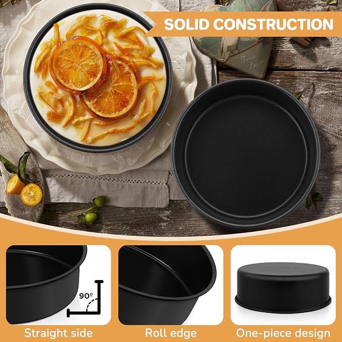 E-far 6x2 Inch Cake Pans Set, 2 Pieces Nonstick Round Cake Pans Tins for Baking Small Birthday Wedding Layer Smash Cakes, Stainless Steel Core & Nontoxic Coating, Straight Side(Black) - Image 4