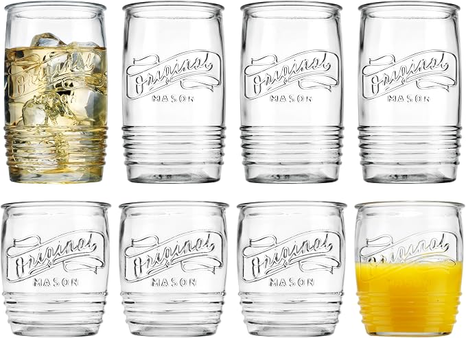 Glaver's Original Mason Set of 8 Drinking Glasses 4-20 Oz Highball Glasses, and 4-13 Oz Whiskey Glass Cups For Everyday Home Use Water, Beer, Juice, Cocktail. - Image 2