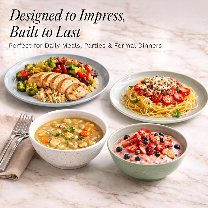 Sango Siterra Artist's Blend 16-Piece Stoneware Dinnerware Set for 4, Green, Cream & White Glossy Dishes with Speckles, Ceramic Plates and Bowls Sets for Everyday Dining, Microwave & Dishwasher Safe - Image 7