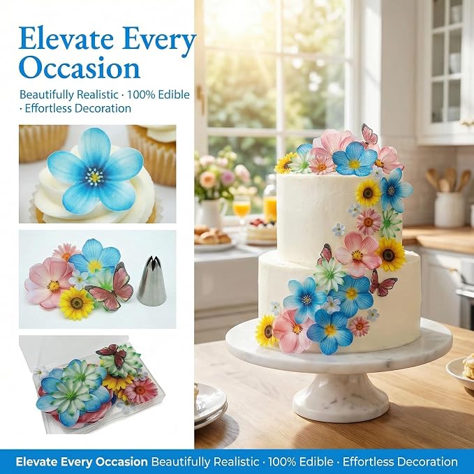 Set of 55 Edible Flowers & Butterflies Cupcake Toppers Wedding Cake Party Food Decoration Mixed Size & Colour for Anniversary (Flower Butterfly) - Image 2