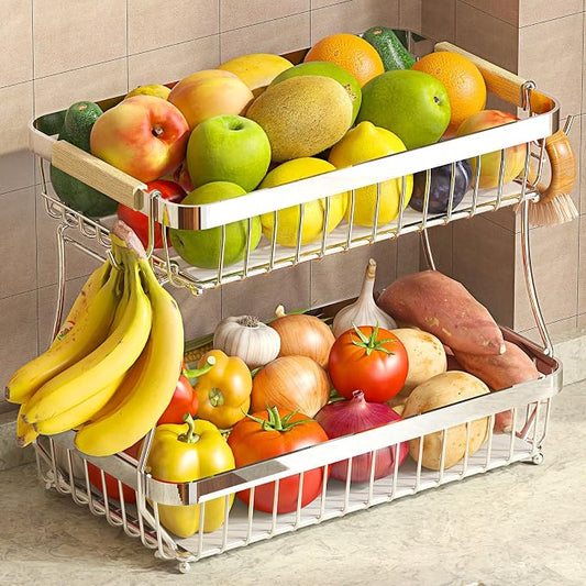 2-Tier Fruit Basket with Banana Hangers, Detachable Metal Bowl | Wooden handle, protective mats included. Versatile holder for bread, snacks, and veggies. Large 2 tier metal design. by Sevenblue