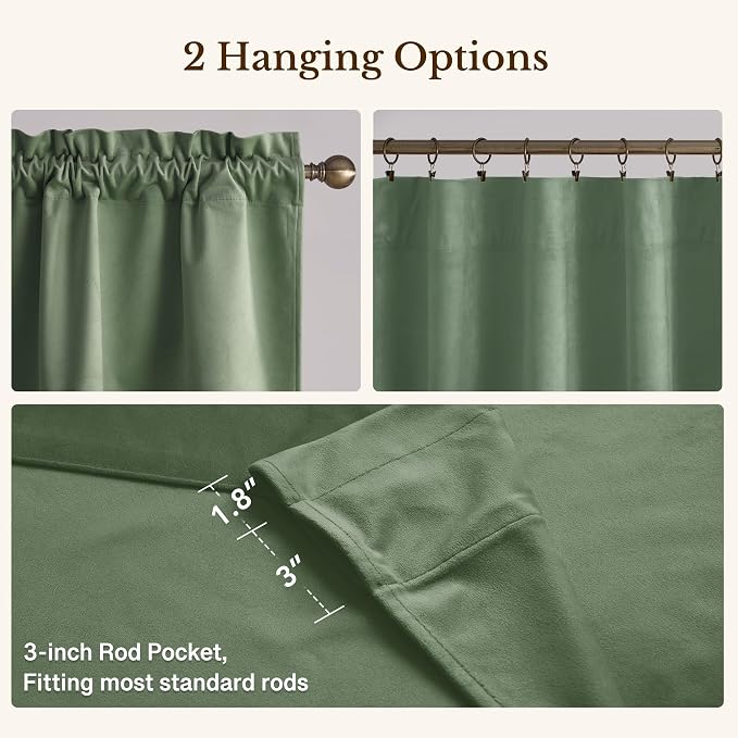 Velvet Window Valance 52x18 Inch 4-Panel Set | Soft Wavy Sage Green Kitchen Curtains for Windows, Luxury Fabric Aesthetic Window Treatment for Bay Window, Living Room - Image 4