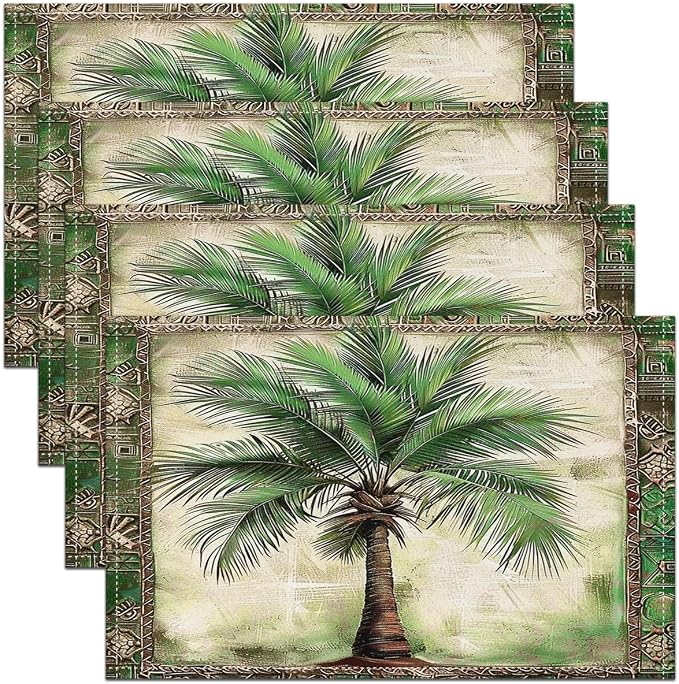Feelyou Green Palm Tree Print Placemats Set of 4 12"x18" Palm Leaf Table Mats Placemat Beach Theme Placemats for Dining Table Indoor Outdoor Kitchen Hawaiian Beach Decor Table Place Mats by Feelyou