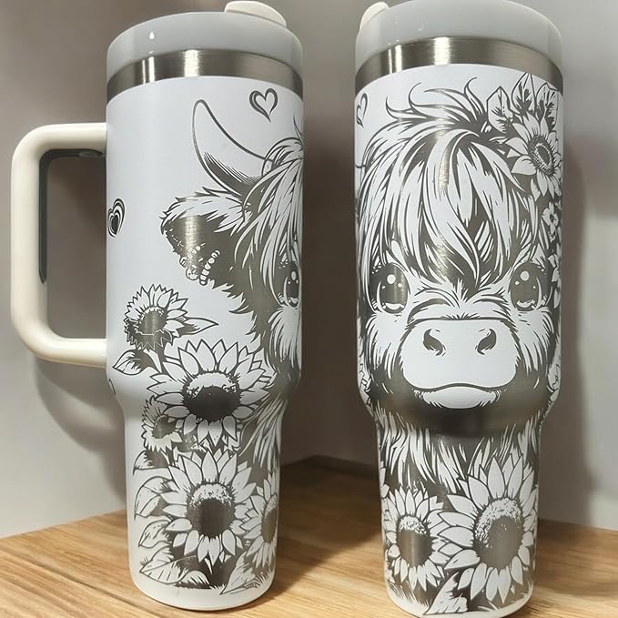 Western Engraved 40oz Tumbler, Tumbler with handle, Cowgirl Tumbler, Country Mug with Handle (White-Sunflower cow)