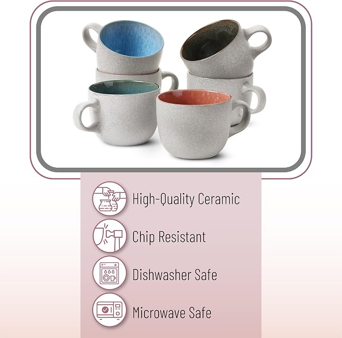 BTaT- Porcelain Coffee Mugs Set, 14 oz (415 ml), 6 Pack, Ceramic Coffee Mugs, Matte White Outside and Colorful Inside, Restaurant Cups for Tea, Cappuccino, Cocoa, Cereal, Mug Gift Set, Dishwasher Safe - Image 5