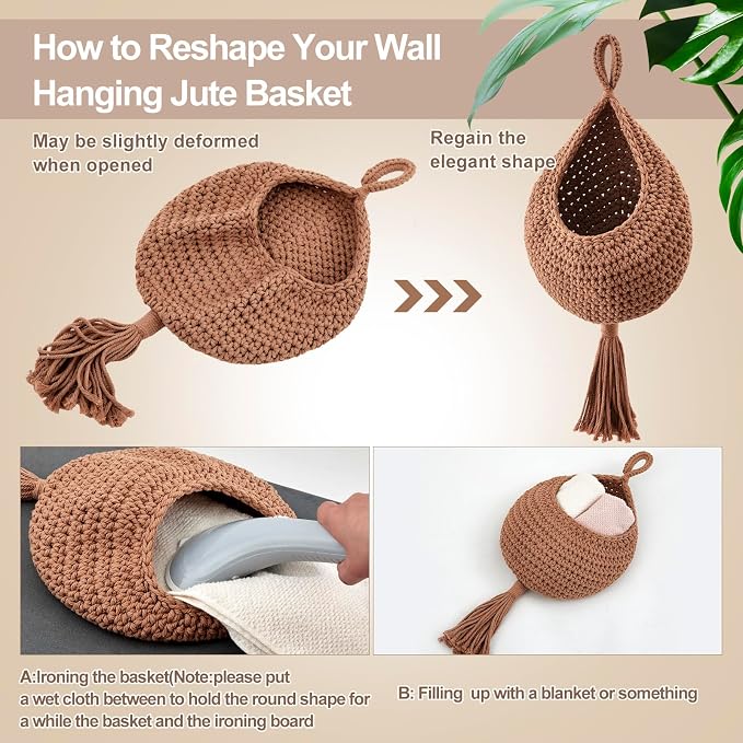 Honeydak Boho Decor Hanging Wall Baskets for Kitchen 3 Pack Teardrop Baskets with Hooks Storage Fruit Onion Vegetable Potato for Home 3 Sizes(White,Tassel,Cotton Rope) - Image 4
