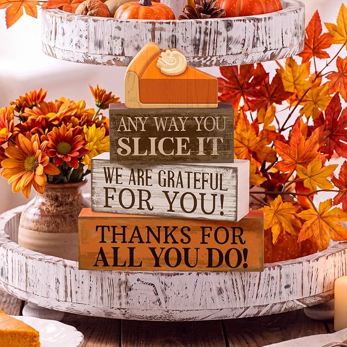 Moucuny 4 Pcs Fall Coffee Table Decor Fall Decoration for Home Wooden Stacked Block with Pumpkin Pie Topper Rustic Thanksgiving Tiered Tray Decor for Harvest Party Home Kitchen Coffee Bar - Image 6