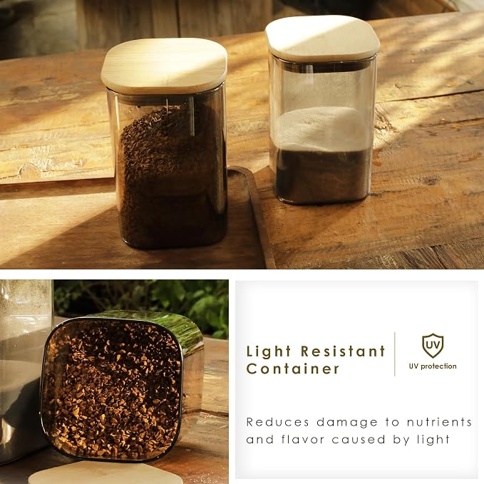 LIBWYS 4-Pack Anti-UV Square Glass Storage Jars with Bamboo Lids (1.22Qt) | Light Resistant Containers (LRC) for Pantry Organization, Coffee Beans, Loose Tea, Sugar, Pet Food | Kitchen Canisters Set - Image 3