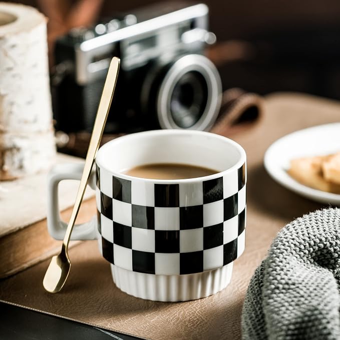 Miamolo Stackable Coffee Mug Set of 4 with Rack and Spoons, Space-saving | 11 oz, Ceramic | Checkered Black and White Pattern | for Coffee Tea Cocoa Milk, Housewarming Gift | Dishwasher Microwave Safe - Image 8