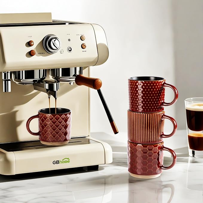 GBhome 12 OZ Stackable Coffee Mugs Set of 4, Ceramic Coffee Cups Set | 4 Assorted Designs, Embossed Mugs with Texture Patterns for Tea/Coffee, Dishwasher&Microwave Safe, Red - Image 5