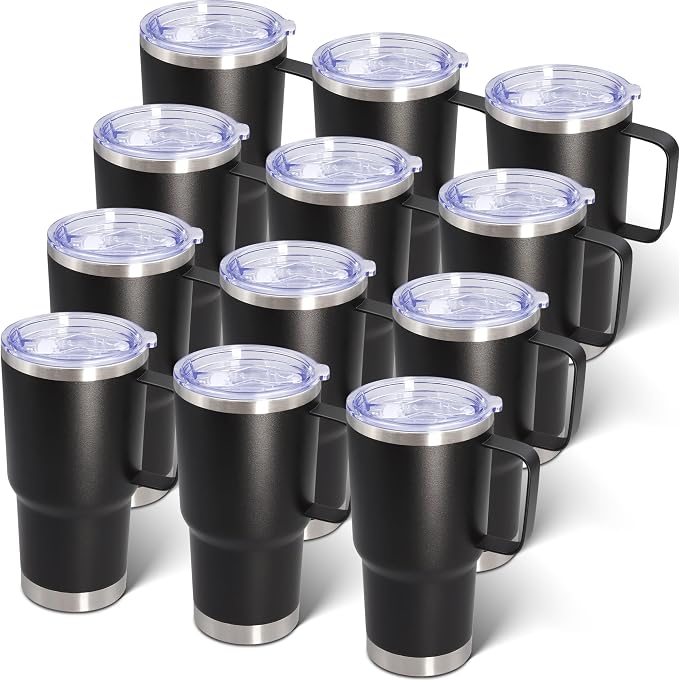20 oz Tumbler with Handle and Lid Insulated Travel Coffee Mug Black 12P | Stainless Steel Tumbler, coffee tumbler with handle,Spill Proof Double Wall Vacuum Tumbler Cup Keep Drink Hot & Cold by ATQTQ