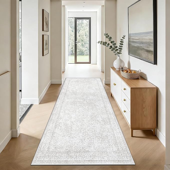 2x8 Hallway Runner Rug: Washable Vintage Floral Entryway Rugs Low Pile Non-Slip Boho Carpet for Kitchen, Bedroom, Bathroom, Dining Room (FloralGrey, 2'x8') by LOSBULAKE