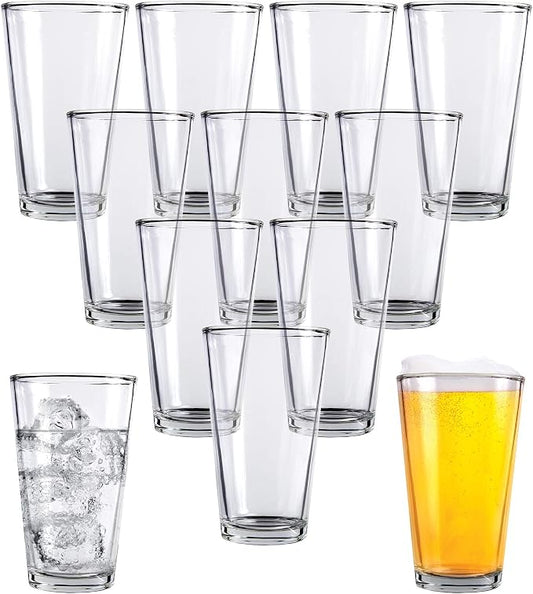 Kitchen Lux Pint Beer Glasses Set of 12 (16oz) Tall Clear Drinking Glasses | All Purpose Tumbler – Heavy Base for Ale, Cocktail, Water, Juice – Pub Style Design For Home Dining, Bars, and Parties by KitchenLux