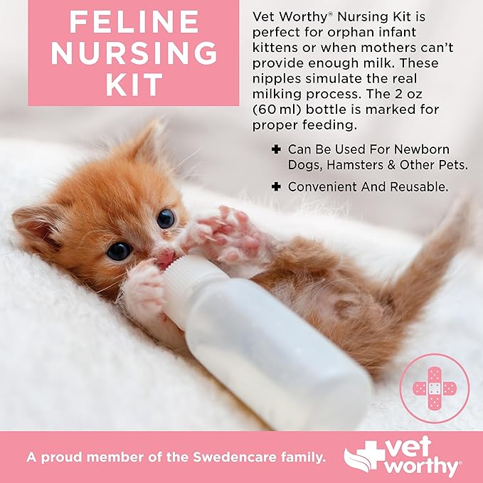 Vet Worthy 6-Piece Kitten Bottle Feeding Kit - Includes 1 Graduated Cat Nursing Feeder (2 Ounce), 5 Soft Nipples, and a Cleaning Brush - Reusable, Easy-to-Clean Newborn Kitten Feeding Bottle