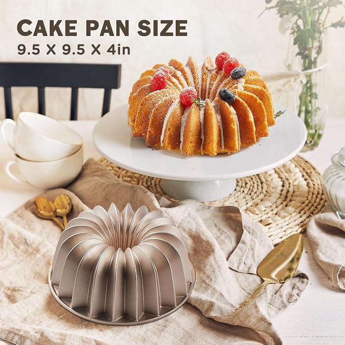 KITESSENSU Non-Stick Cake Pan, 9.5-Inch Aluminum Cake Mold, 8 Cup Fluted Heavy Duty Tube Pan, Durable Rust & Scratch-Resistant, Baking Mold for Jello, Gelatin, Chocoflan, Flan, French Wreath,Gold - Image 3