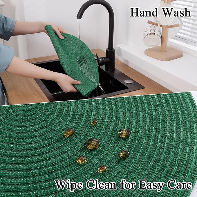 SHACOS Dark Green Round Placemats Set of 6 Cotton Polyester Braided 15 inch Washable Kitchen Dining Table Place Mats Christmas Table Mats for Home Wedding Party Decor - Image 6